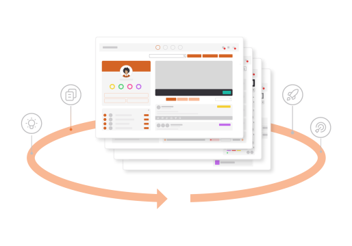 Criativo item diferenciais do produto - integração entre módulos do software de inovação AEVO e na página de plataforma de inovação para indústria.