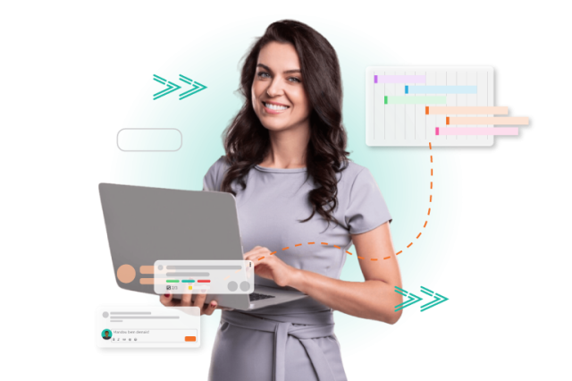 Imagem da primeira dobra da página de consultoria em intraempreendedorismo AEVO | apresenta uma mulher segurando um notebook com elementos que remetem ao software e gestão do AEVO Innovate